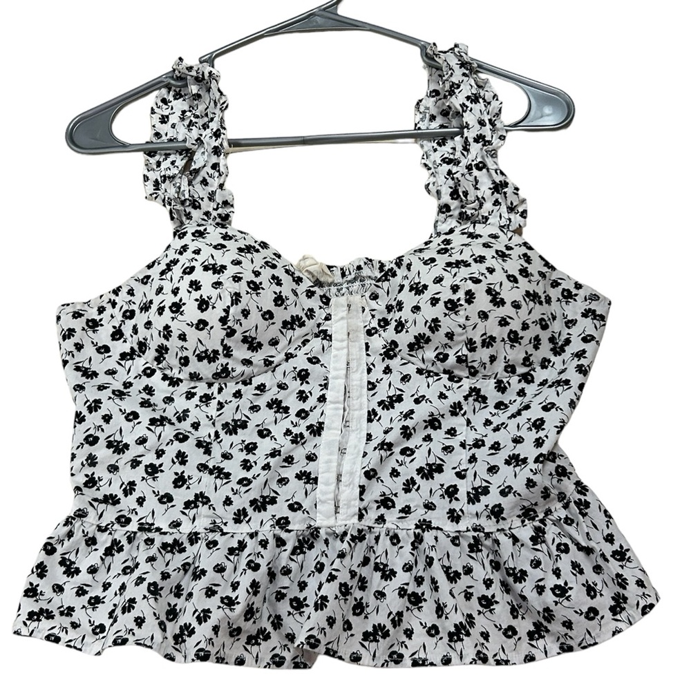 Floral white and Blacks corset top, ruffled sleeves